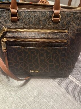 Calvin Klein Brown Monogram Tote with Gold Logo